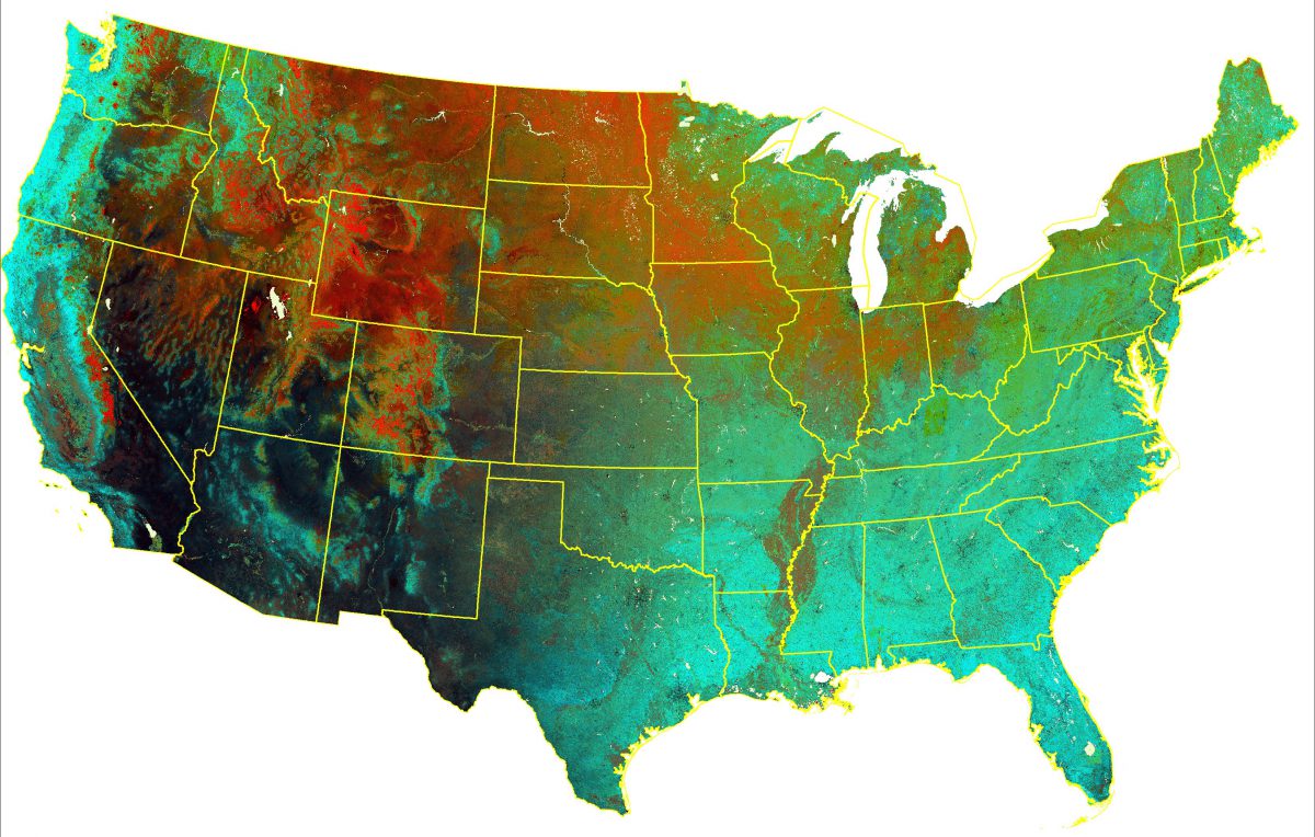 The DHIs calculated from 30-m Landsat for the conterminous US. The DHIs are shown as variation DHI in red, cumulative DHI in green, and minimum DHI in blue.